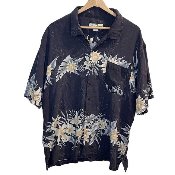 Tommy Bahama Men's Floral 100% Silk Button Down Size Large Resort Wear Dark Grey - Picture 1 of 5